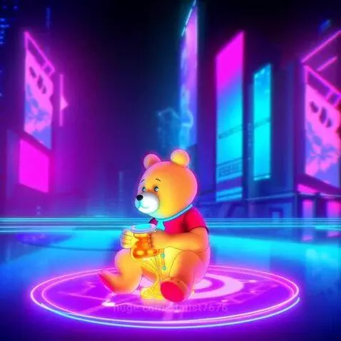 Animated Winnie the Pooh character in a red shirt sits on a glowing purple platform in a futuristic neon city at night.