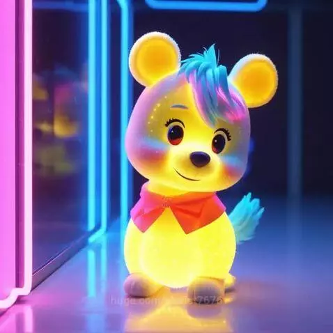 A brightly glowing, animated yellow bear with a red bow tie and blue/pink neon hair, set against a dark background with neon light strips.