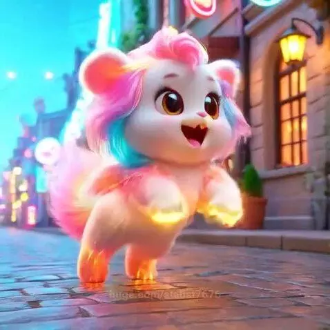 A cute, fluffy cartoon creature with white fur, rainbow hair, and glowing golden paws on a magical cobblestone street.
