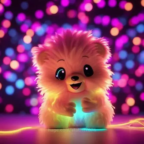 A fluffy, brightly colored cartoon bear with expressive eyes and a wide smile, glowing pink, yellow, and blue against a bokeh background.