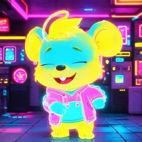 Cartoon mouse with yellow fur and blue face dancing in a neon-lit futuristic room, wearing a pink hoodie.