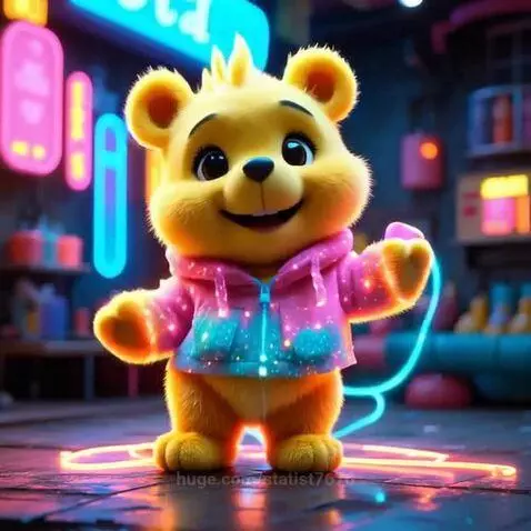 A fluffy yellow bear character wearing a glowing pink and blue hoodie, smiling amidst neon lights.