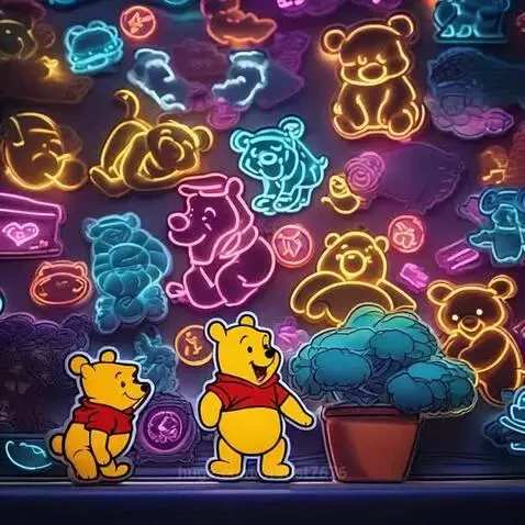 Neon Winnie the Pooh characters glowing in various colors against a dark background.