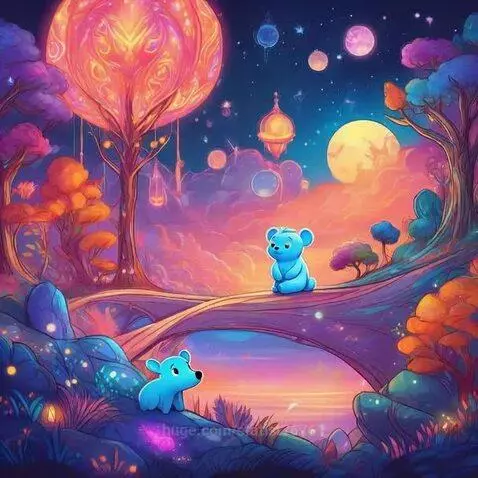 Dreamy fantasy landscape at night with glowing trees, colorful clouds, and two small blue bear-like creatures.