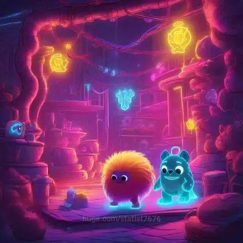 Two cute, glowing cartoon creatures, one orange and fluffy, the other blue and bear-like, in a neon-lit fantasy environment.