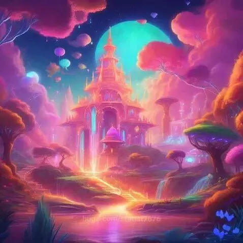 Animated fantasy landscape with a colorful castle, glowing paths, and a large teal moon.