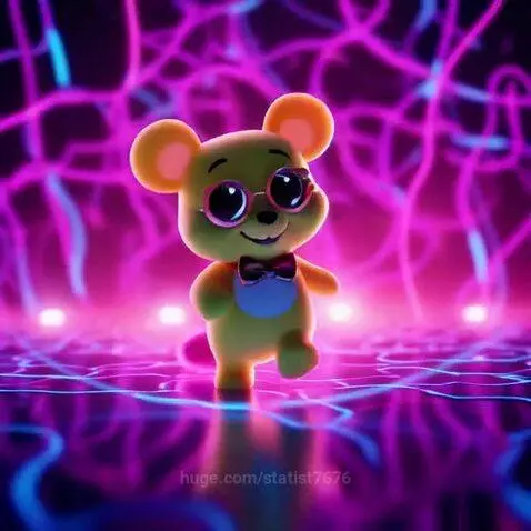 Animated bear with sunglasses and bow tie dancing in a neon-lit futuristic environment with pulsing pink and blue lights.