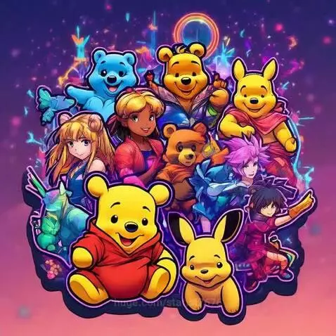 Illustration of Winnie the Pooh, anime characters, and bears in a colorful, sparkling background.
