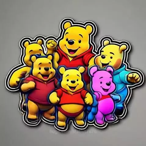 Animated Winnie the Pooh characters with thick outlines, smiling and moving on a grey background.