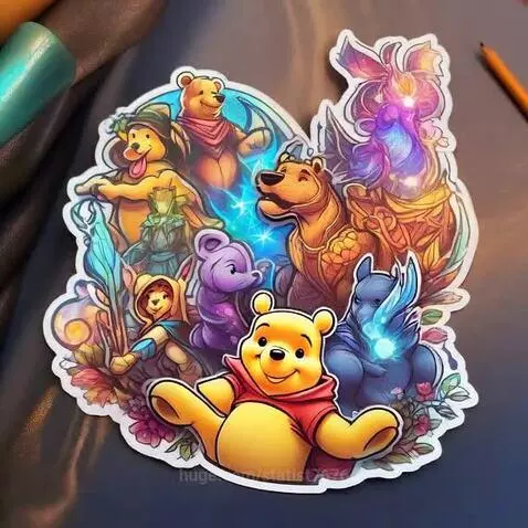 Animated Winnie the Pooh sticker showing characters transforming from fantasy to classic cartoon styles.