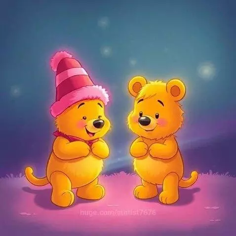 Two cute yellow cartoon bear characters with rosy cheeks, one wearing a striped hat, smiling and holding hands under a night sky.