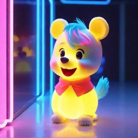 A glowing yellow cartoon bear with a red bow tie and blue/pink hair, illuminated by neon lights.