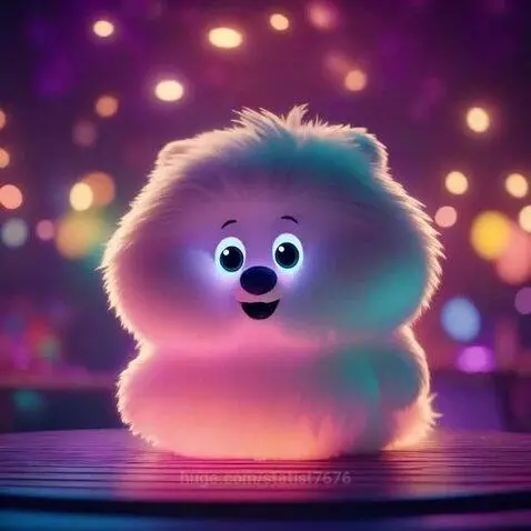A cute, fluffy animated creature with white, pink, and teal fur, glowing blue eyes, on a reflective surface with bokeh lights.