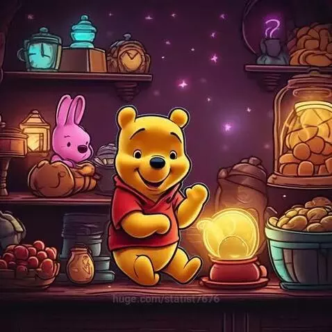 Winnie the Pooh sits on a wooden shelf with honey jars and toys, illuminated by a magical purple glow.