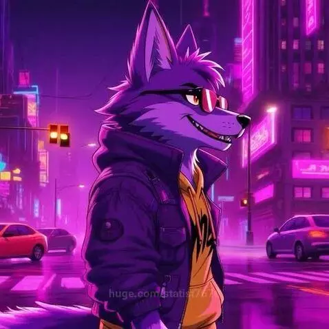 Anthropomorphic purple wolf wearing sunglasses and a hoodie in a neon-lit city at night.