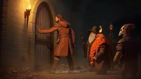 Fantasy characters in a dimly lit stone corridor listen at a large wooden door, a torch casting a warm glow.