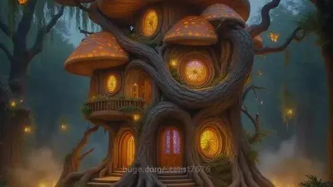 A multi-level treehouse with mushroom-shaped roofs and glowing round windows, set within a dark, mystical forest.