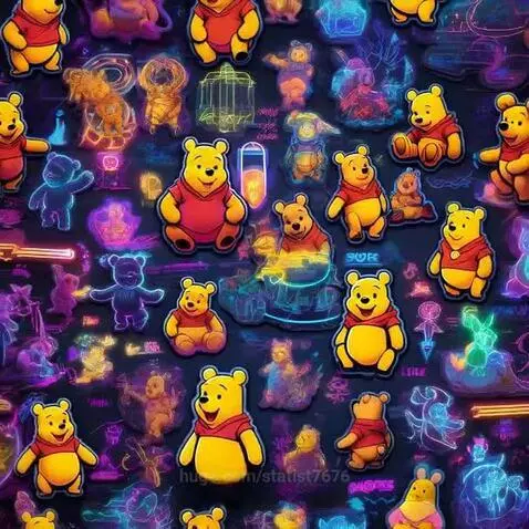 Animated Winnie the Pooh characters with neon outlines in blue, purple, yellow, and green on a dark background.