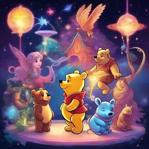 Winnie the Pooh and bear friends in a magical, starry night forest with glowing orbs and a fairy.