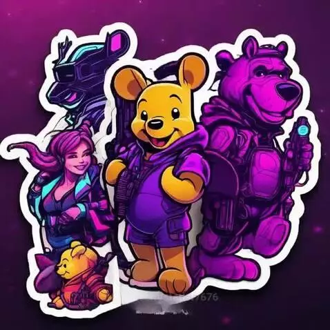 Cyberpunk Winnie the Pooh, a purple bear with a hoodie and weapon, alongside armored bear and pink-haired warrior.