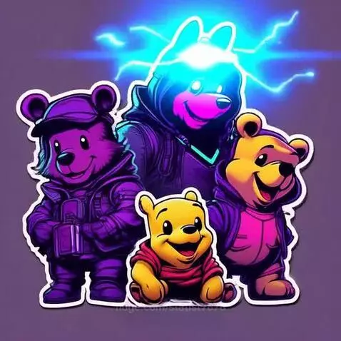 Stylized cartoon bears resembling Winnie the Pooh and friends as digital stickers with a modern, edgy art style on a purple-grey background.