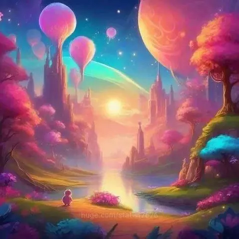 Fantasy landscape with a river, colorful trees, floating planets, and a small creature.
