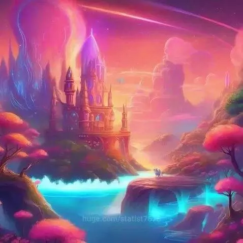 Animated fantasy world with a detailed castle on a floating island, surrounded by glowing turquoise water and vibrant pink and purple trees.