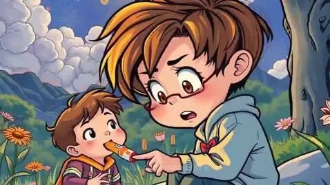 Animated illustration of two children in a field, one eating an ice pop while the other warns about brain freeze.