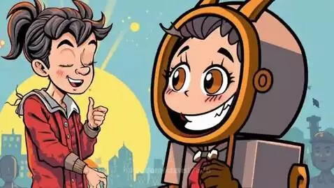 Animated illustration of a smiling girl giving a thumbs-up and a cute robot with bunny ears against a city skyline.
