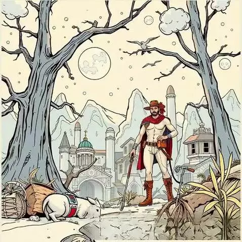 Fantasy illustration of a shirtless hero with a beard, red cape, and spear, standing near a rabbit with a fantasy city and mountains in the background.