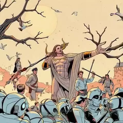 Comic book illustration of a muscular horned figure in a white robe holding a staff, surrounded by characters in military uniforms and futuristic helmets.