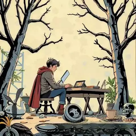 Illustration of a boy with dark hair, red cape, and grey jacket sitting at a desk outdoors, working on a laptop and tablet.