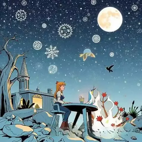 Animated illustration of a girl and penguin by a campfire on a snowy winter night with a full moon and stars.