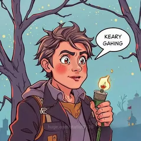 Animated illustration of a child holding a lit torch, wearing a backpack, under a starry sky with bare trees and buildings.