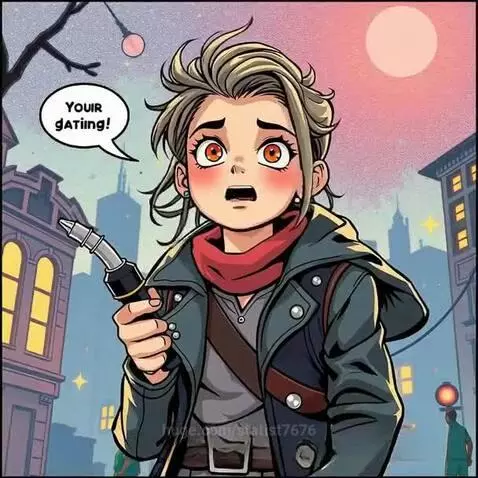 Anime girl with light hair and red scarf holding a welding torch, looking surprised in a city at night.