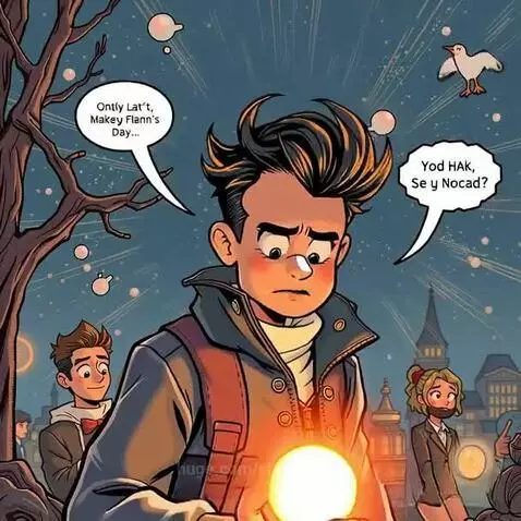 Animated illustration of a young man holding a glowing orb, with cartoon characters and a street scene in the background.