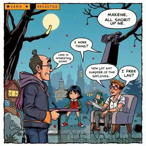 Animated comic strip of a night scene with a full moon, characters, and a camera.