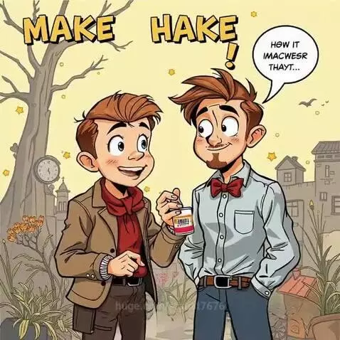 Two cartoon men in a whimsical outdoor scene, one pointing at a container held by the other, with 'MAKE HAKE!' above.