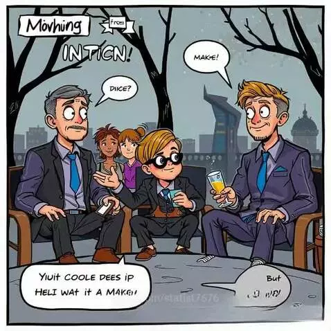 Illustration of five friends, two men in suits, a boy, and two women, gathered outdoors in a city with drinks.