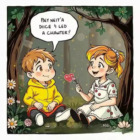 Cartoon boy and girl sitting on grass in a forest, boy speaks from thought bubble, girl holds flower.