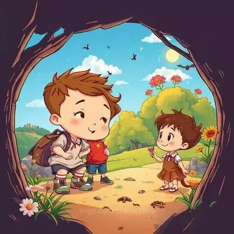 Three cartoon children in a sunny outdoor landscape, one holding a lollipop, surrounded by trees and flowers.