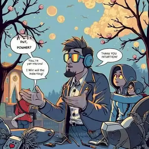 Group of stylized cartoon friends in a fantasy outdoor setting with multiple moons and pink blossom trees.