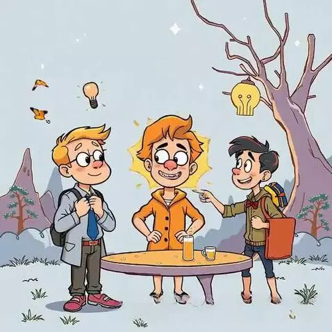 Three cartoon boys in a mountain landscape, one with a glowing aura and a lightbulb symbol.
