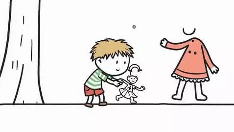 Cartoon boy with blonde hair and green shirt holding a toy figure in a white dress with '4' on it.