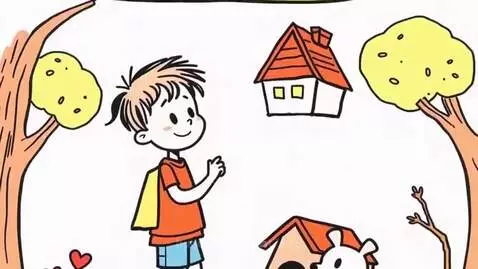 Cartoon boy with backpack smiling and waving at a small white dog peeking from a doghouse, with trees and a house in the background.