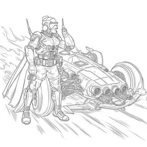 Black and white line art drawing of a futuristic soldier standing next to a sleek race car.