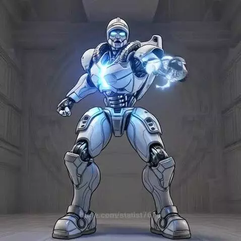 Humanoid robot with blue glowing accents powering up with electrical energy.