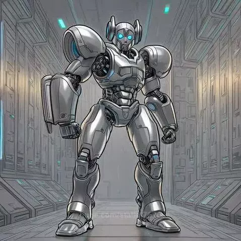 Animated humanoid robot transforming from a sketch, with glowing blue eyes and joints in a futuristic corridor.