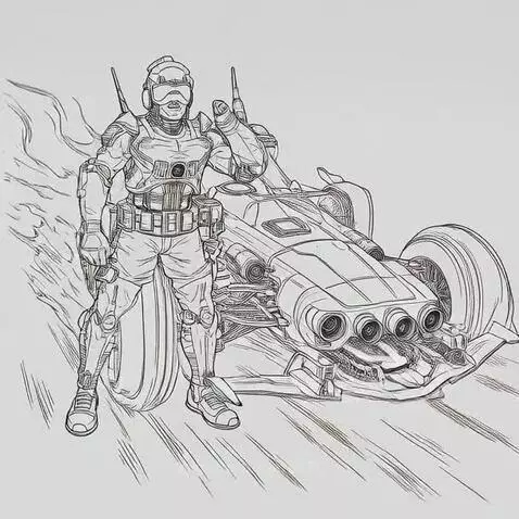 Black and white concept art of a futuristic armored robot standing next to a sleek, high-speed vehicle.