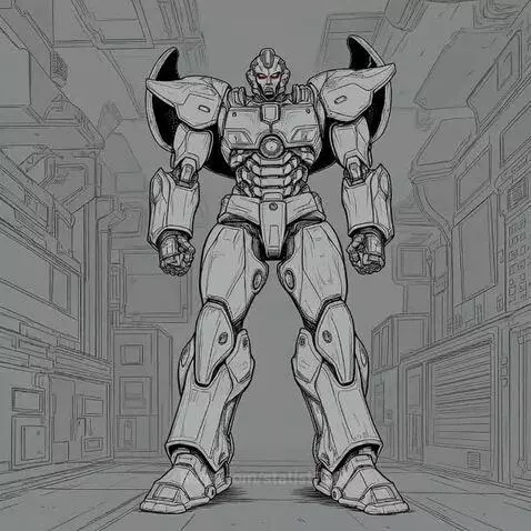 Black and white line drawing of a powerful humanoid robot with glowing red eyes standing in a futuristic corridor.
